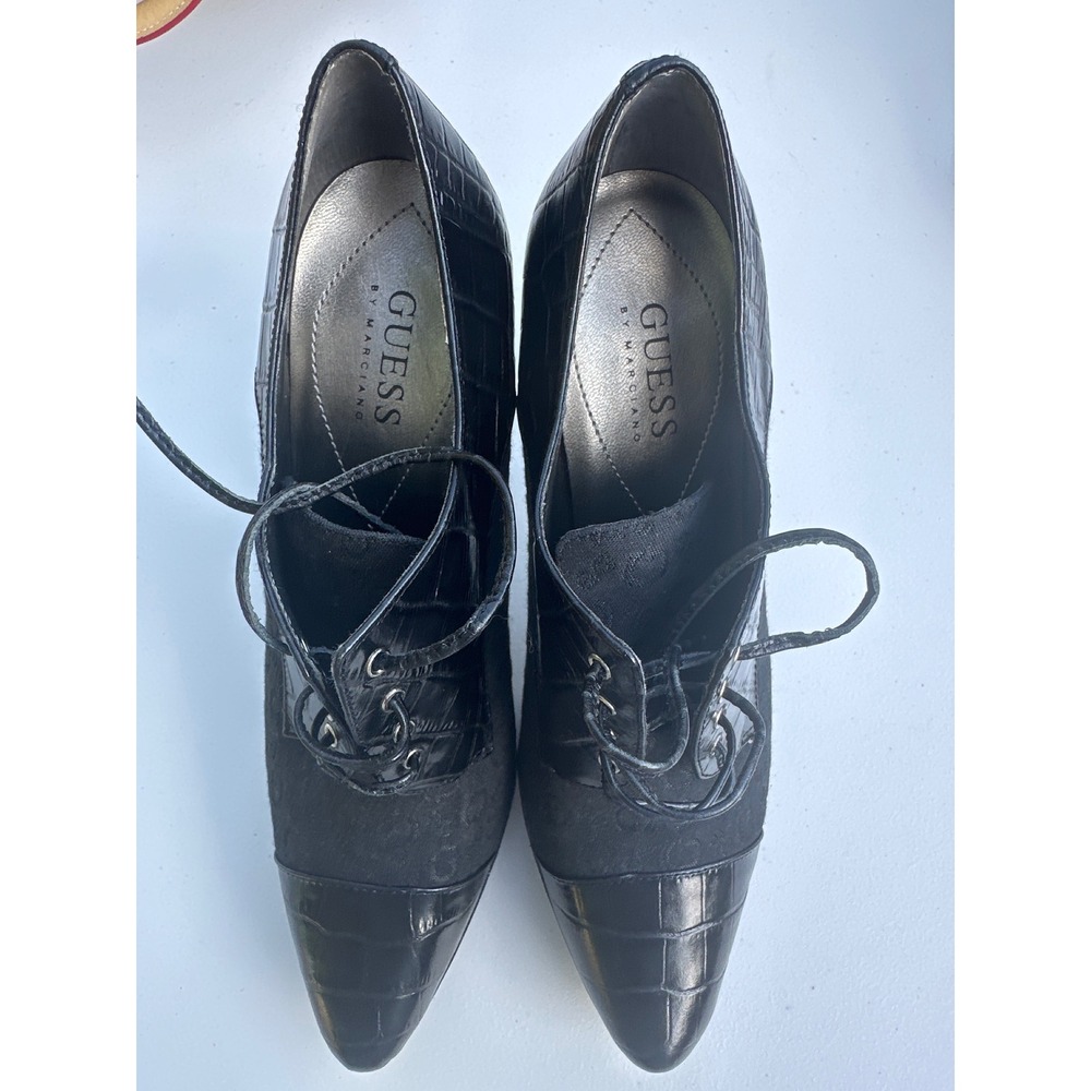 Guess by Marciano Womens Black Croc Embossed Monogram Lace Up Shooties Heels 7M